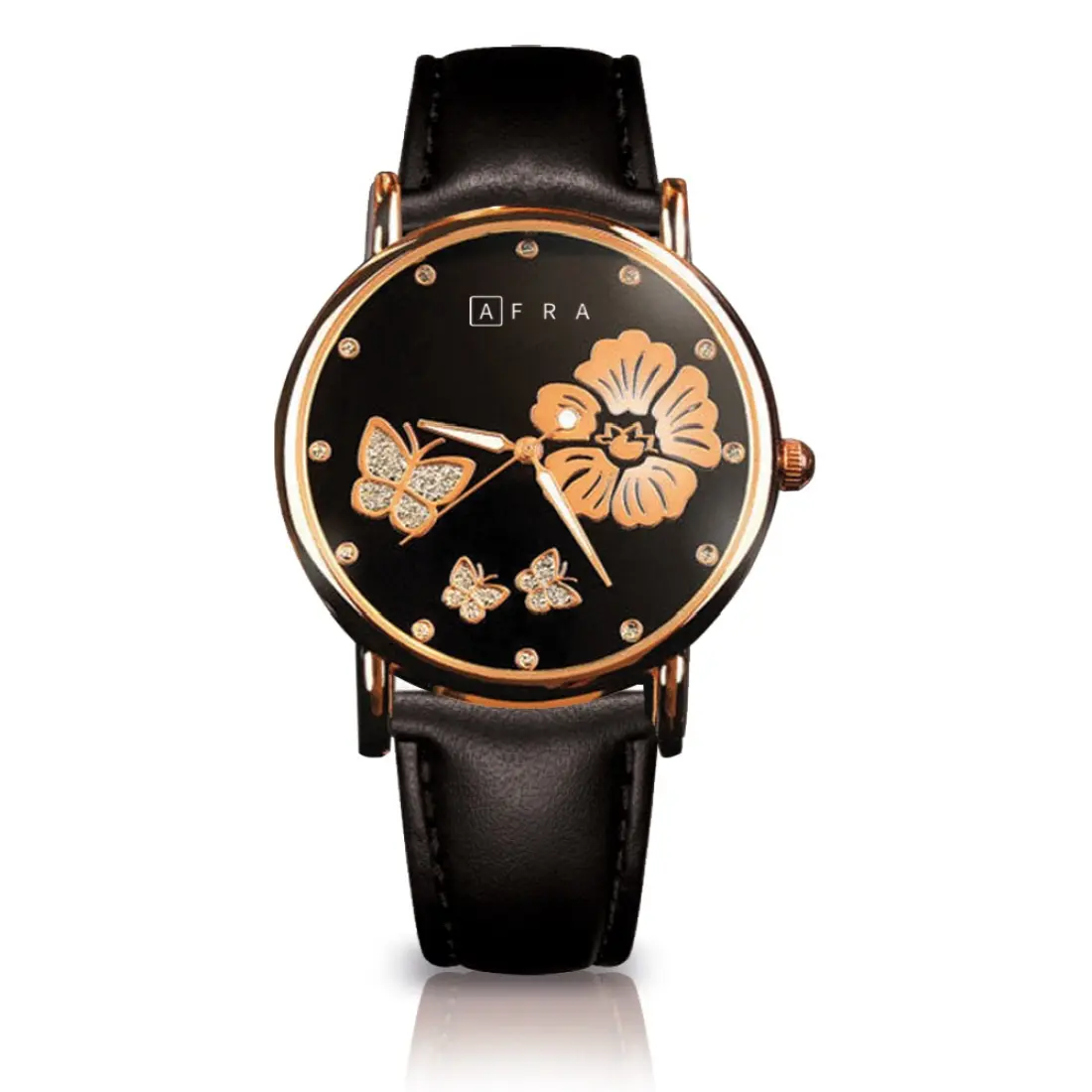 AFRA Elanor Ladies Watch, Lightweight Rose Gold Metal Case, Leather Strap, Water Resistant 30m