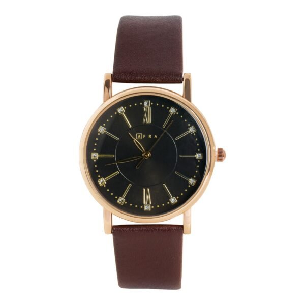 AFRA Kara Ladies Watch, Lightweight Rose Gold Metal Case, Leather Strap, Water Resistant 30m