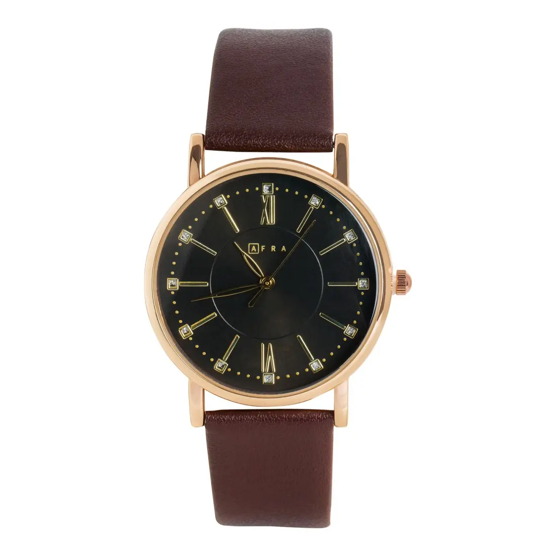 AFRA Kara Ladies Watch, Lightweight Rose Gold Metal Case, Leather Strap, Water Resistant 30m