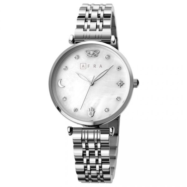 AFRA Luna Lady?s Watch, Rose Gold Metal Alloy Case, Black Mop Dial, Rose Gold Bracelet Strap With Latch, Water Resistant 30m