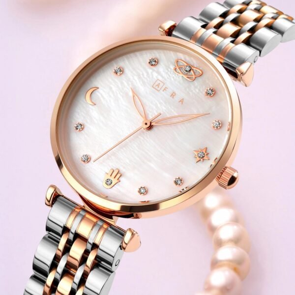 AFRA Luna Lady?s Watch, Silver Metal Alloy Case, Mop Dial, Silver Bracelet Strap With Latch, Water Resistant 30m - Image 5