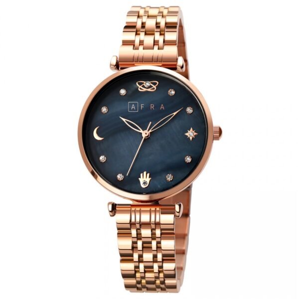 AFRA Luna Lady?s Watch, Rose Gold And Silver Metal Alloy Case, Mop Dial, Rose Gold And Silver Bracelet Strap With Latch, Water Resistant 30m