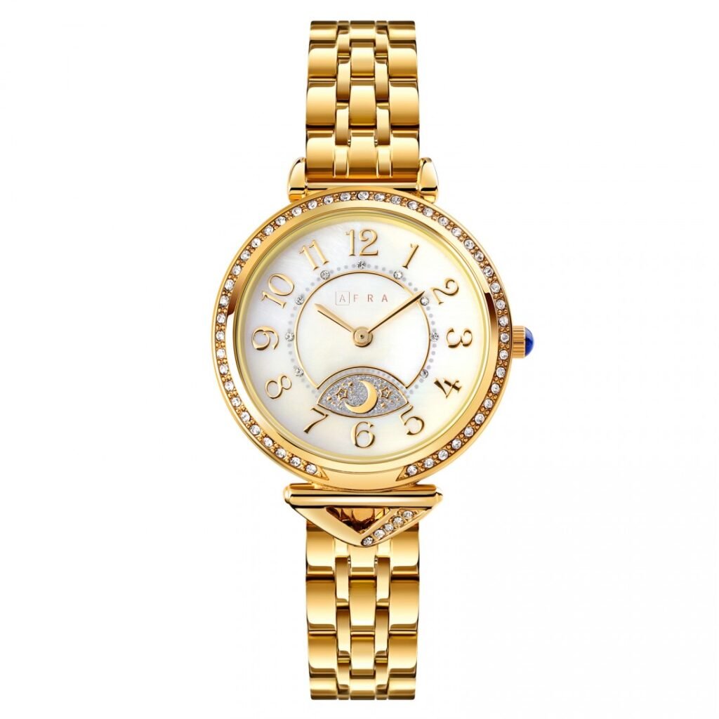 AFRA Selene Ladies Watch | Gold Case | White Dial | Gold Bracelet | Elegant & Timeless | AF20902