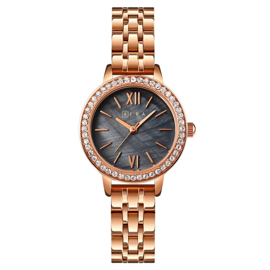 AFRA Ornate Ladies Watch | Rose Gold Case | Black Dial | Rose Gold Bracelet | Elegant Design | AF21305