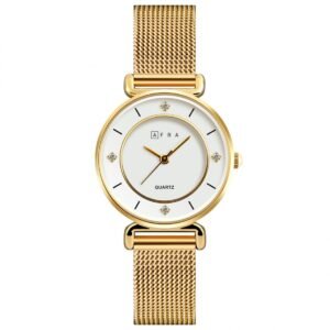 AFRA SHAE LADIES WATCH GOLD CASE WHITE DIAL GOLD MESH BRACELET