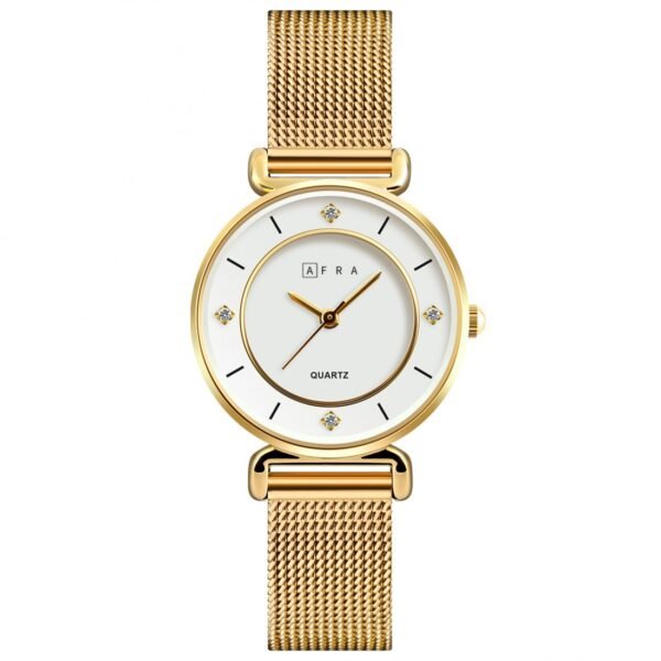 AFRA SHAE LADIES WATCH GOLD CASE WHITE DIAL GOLD MESH BRACELET