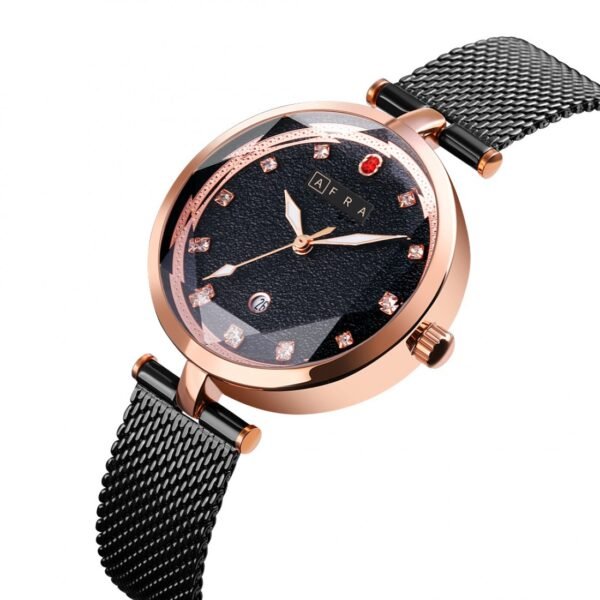 AFRA REGINA LADIES WATCH ROSE GOLD CASE BLACK DIAL BLACK MESH BRACELET - Image 3