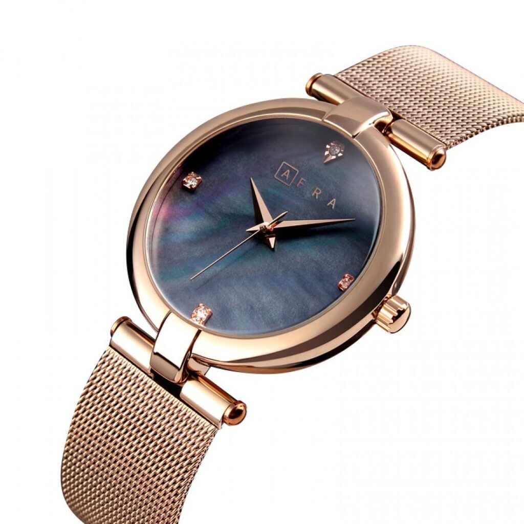AFRA Pearlescent Ladies Watch | Rose Gold Case | White Dial | Rose Gold Mesh Bracelet | AF21701