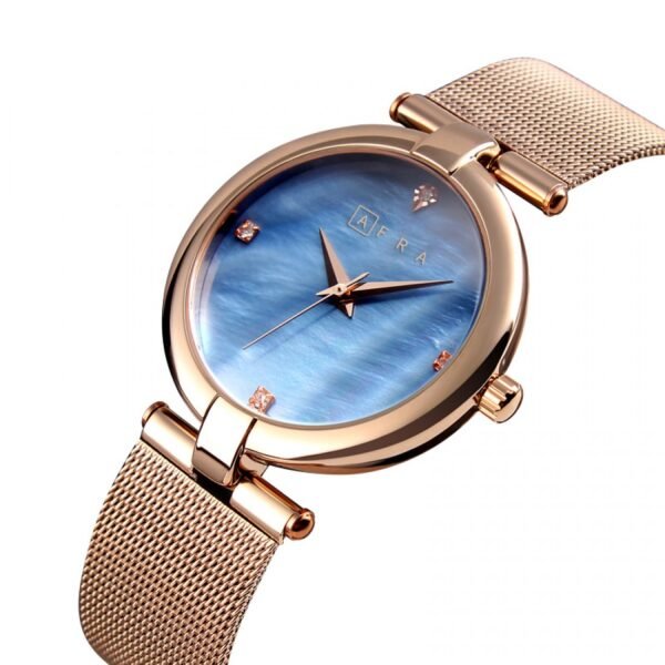 AFRA PEARLESCENT LADIES WATCH ROSE GOLD CASE BLUE DIAL ROSEGOLD MESH BRACELET - Image 4