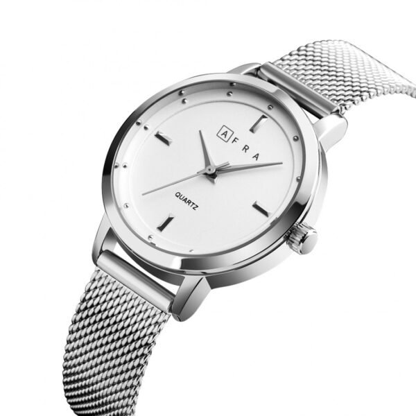 AFRA AVRIL LADIES WATCH SILVER CASE WHITE DIAL SILVER MESH BRACELET - Image 3