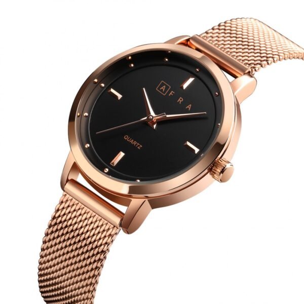 AFRA AVRIL LADIES WATCH ROSE GOLD CASE BLACK DIAL ROSEGOLD MESH BRACELET - Image 2