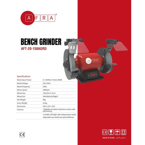 AFRA " Bench Grinder, 150x20mm, 400W, 2980RPM Silent Induction Motors With Ball Bearing, Adjustable Eye Shield and Spark Deflector, LED Light With Independent Switch, AFT-20-150BGRD, 1-Year Warranty - Image 2