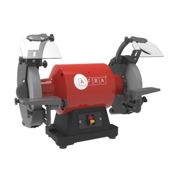 AFRA 700W bench grinder with 200mm wheels, silent motor, LED light, and adjustable safety shields.