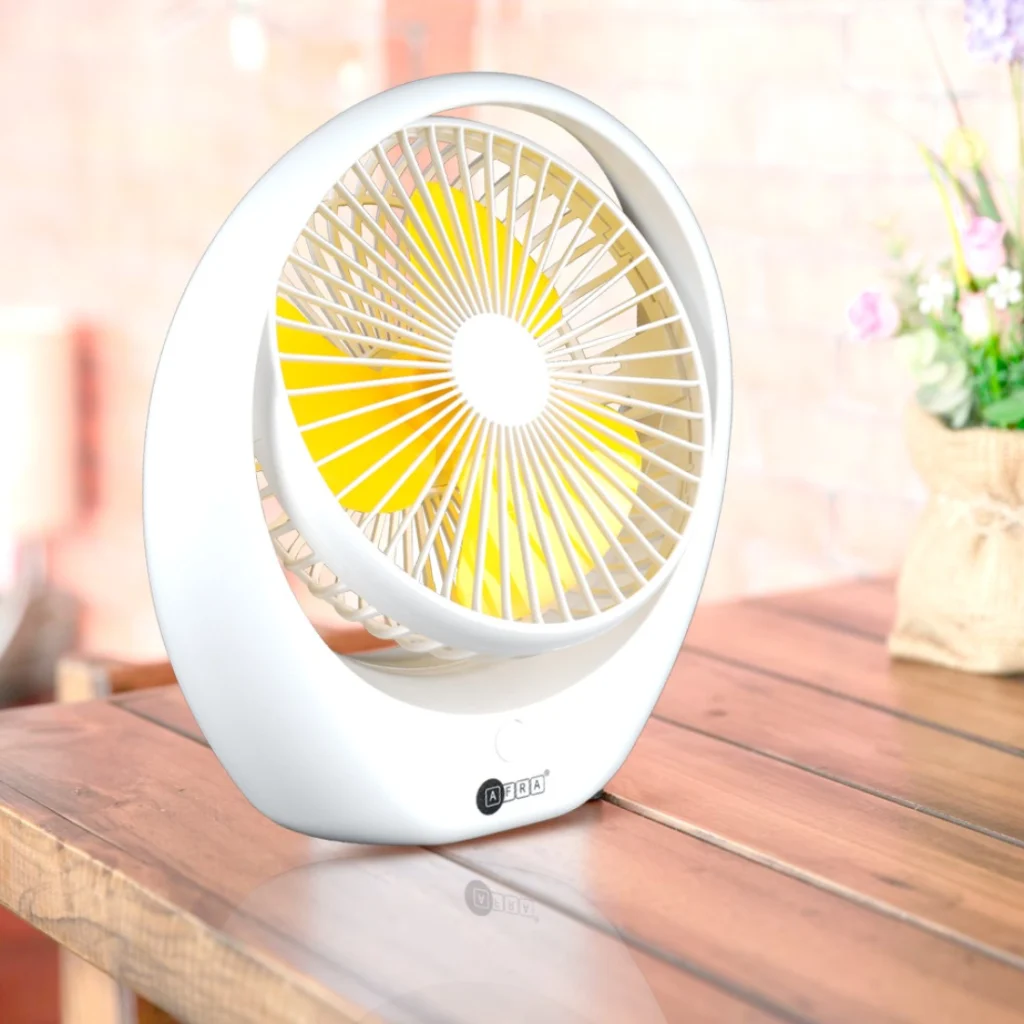 Portable rechargeable fan from Afra in a living room setup