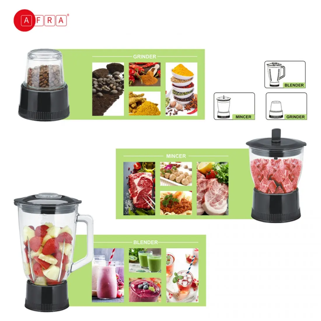AFRA 4-in-1 Juicer & Blender, 1.5L Glass Jar, Meat Chopper, Grinder, 5 Speeds – AF-800JCBK - Image 10