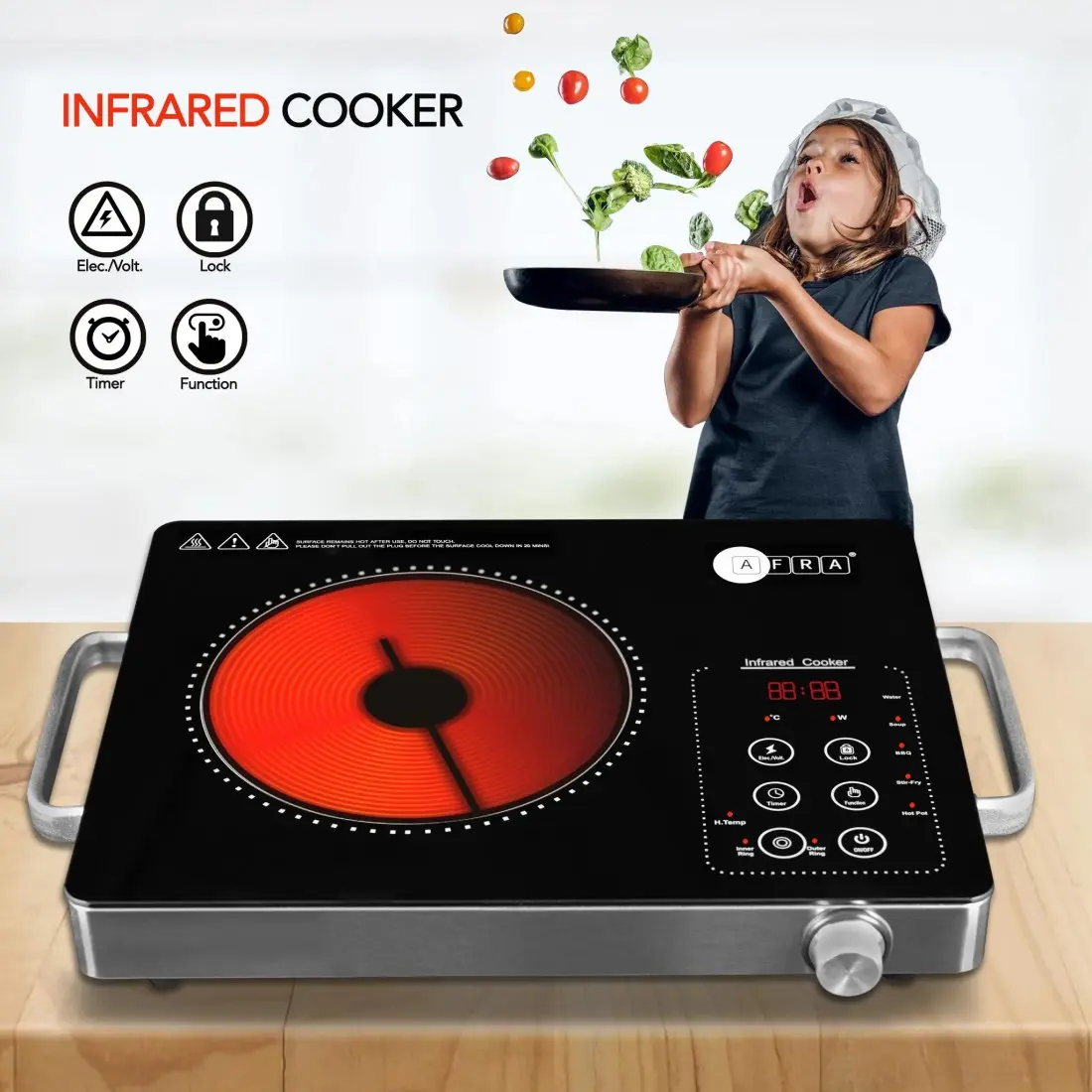 AFRA 2000W Infrared Cooktop – Single Burner, LED Display, Crystal Plate – AF-2000ICBK - Image 3