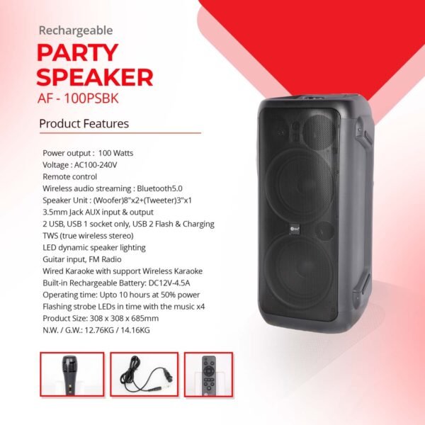 AFRA Party Speaker, 100 Watts, 12.76kg, Black, 4500Ma Battery, Side Handle and Wheels, With Remote Control, AF-100PSBK, 2 Years Warranty - Image 8