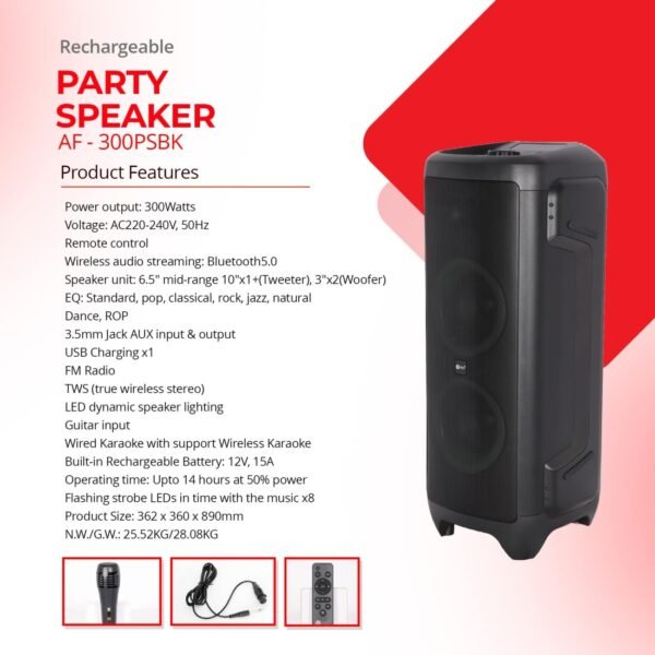 AFRA Party Speaker, 300 Watts, 24kg, Black, 15A Battery, Integrated FM Radio, Karaoke Mic, AF-300PSBK, 2 Years Warranty - Image 8