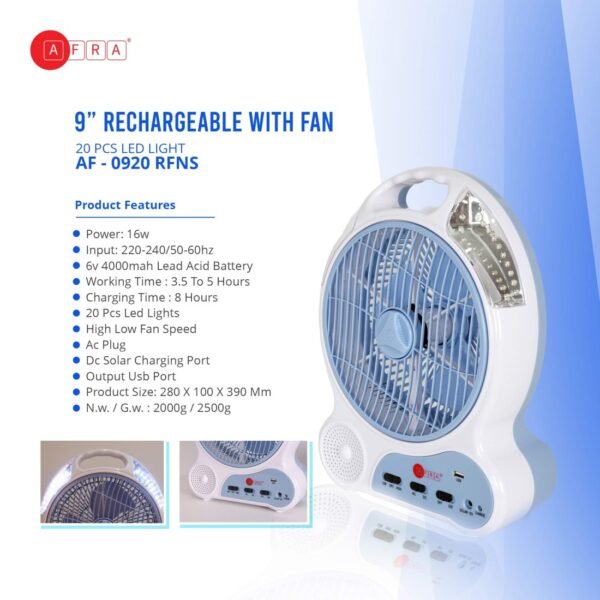 AFRA Rechargeable LED Fan, 16 Watts, White, Plastic Body, Solar Charging Port, ESMA, AF-0920RFNS, 2 Year Warranty - Image 4