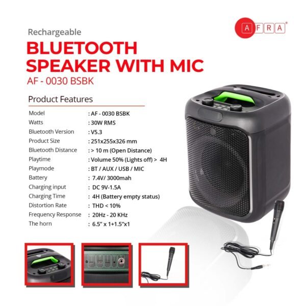 AFRA Bluetooth Speaker, 30 Watts, Black, Plastic Body, Ultra Bass, 7.4V/3000mAh Rechargeable Battery, RGB Lighting, AF-0030BSBK, 2 Years Warranty - Image 7