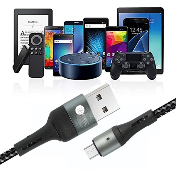 AFRA USB Charging Cable, 2.4A, Nylon-Braided Jacket, With Data Transmission, USB A to Micro-USB, 1 meter length, Durable, Tangle Free, Auto-Disconnect Function, LED Indicator AF-0003MUSB - Image 4