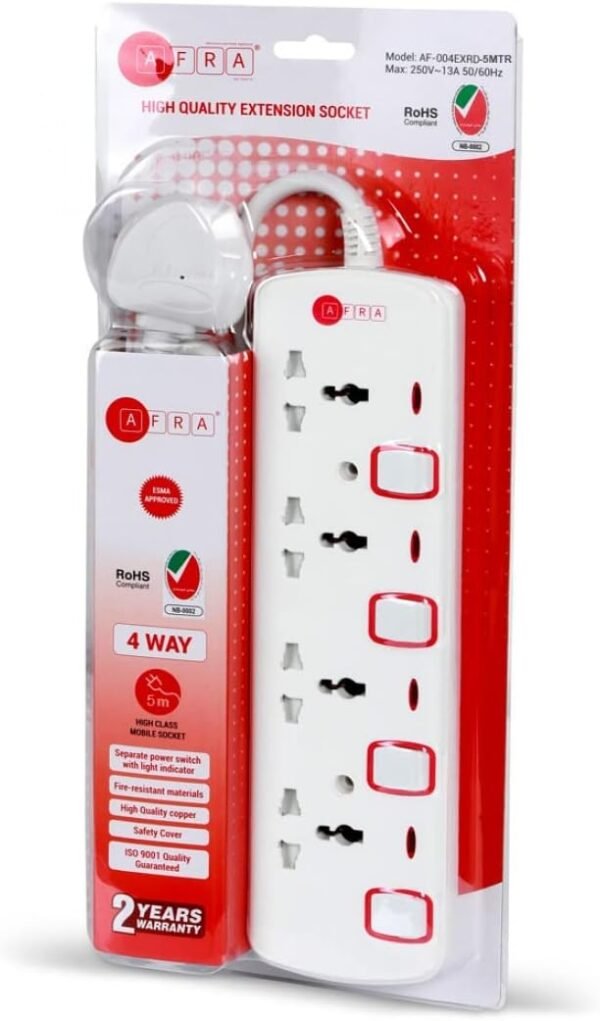 AFRA Extension Cord | 5 Meter Cable | 4 Universal Sockets | Shockproof | 250V | AF-004EXRD-5MT - Image 5