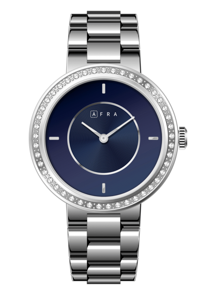 AFRA Ladies Stainless Steel Watch – Model AF-43028SB | 5 ATM, Brass Dial, 2025 Elegant Design