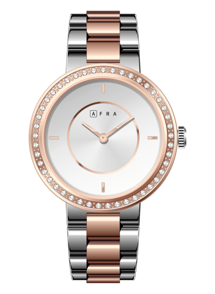 AFRA Ladies Stainless Steel Watch – Model AF-43028SW | 2025 Brass Dial, 5 ATM Water Resistant