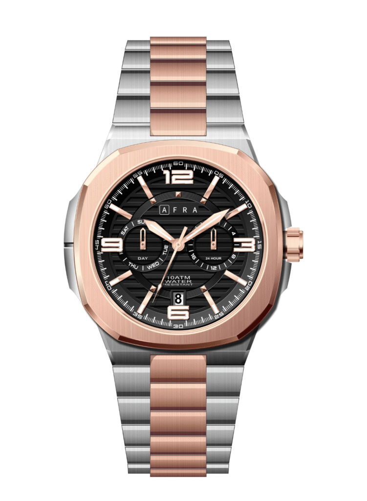 AFRA Men’s Stainless Steel Watch – Model AF-43059SR | JP21 Edition, Brass Dial, 10 ATM Waterproof