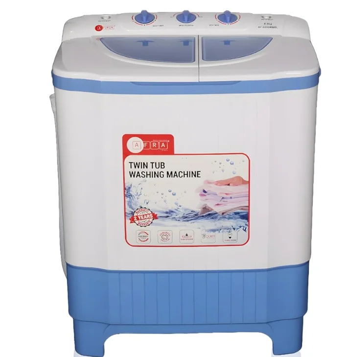 AFRA Twin Tub Washing Machine, 6kg Capacity, White and Blue, Double Layer Body, AF-6000WMBL, 2 Years Warranty