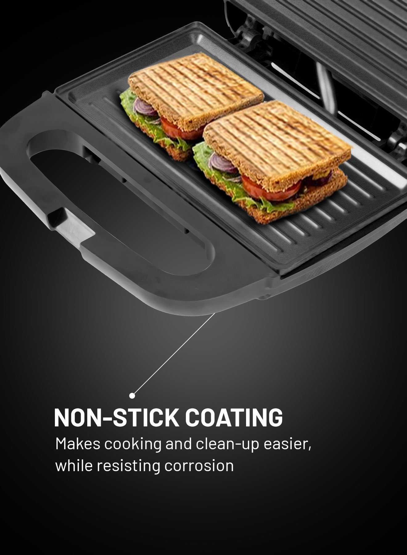 AFRA 750W 2-Slice Grill Sandwich Maker – Non-Stick Plates, Auto Temp Control – AF-8020SMBK - Image 4
