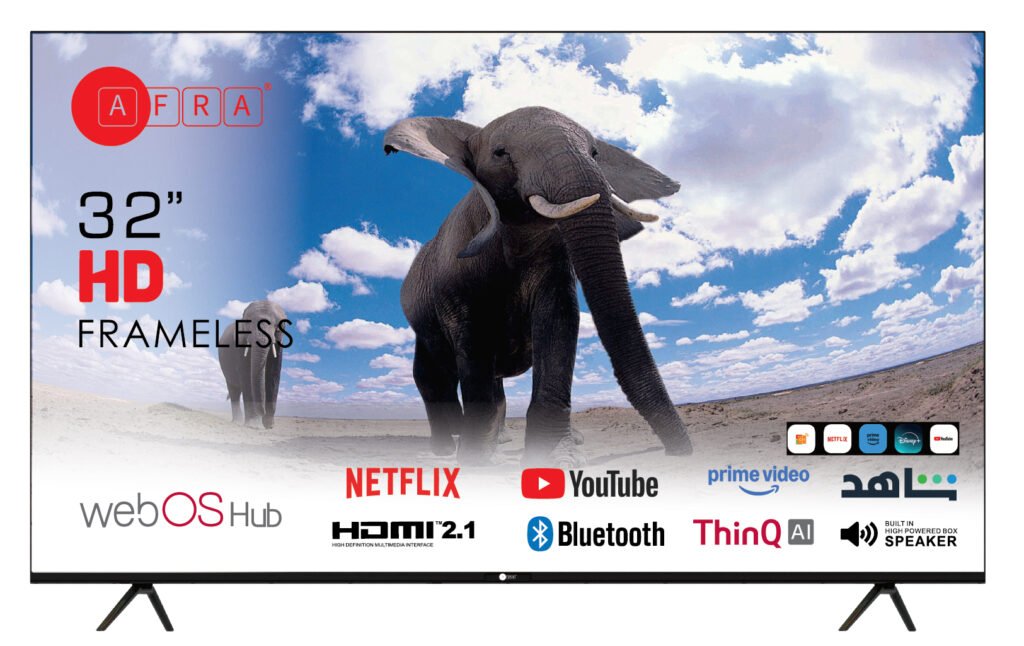 AFRA 32 Inch HD Frameless Smart LED TV, Android 14, Netflix, YouTube, Prime Video, Bluetooth, Wi-Fi, HDMI, USB, 1 Year Warranty, Black, Model AF-32STVHD