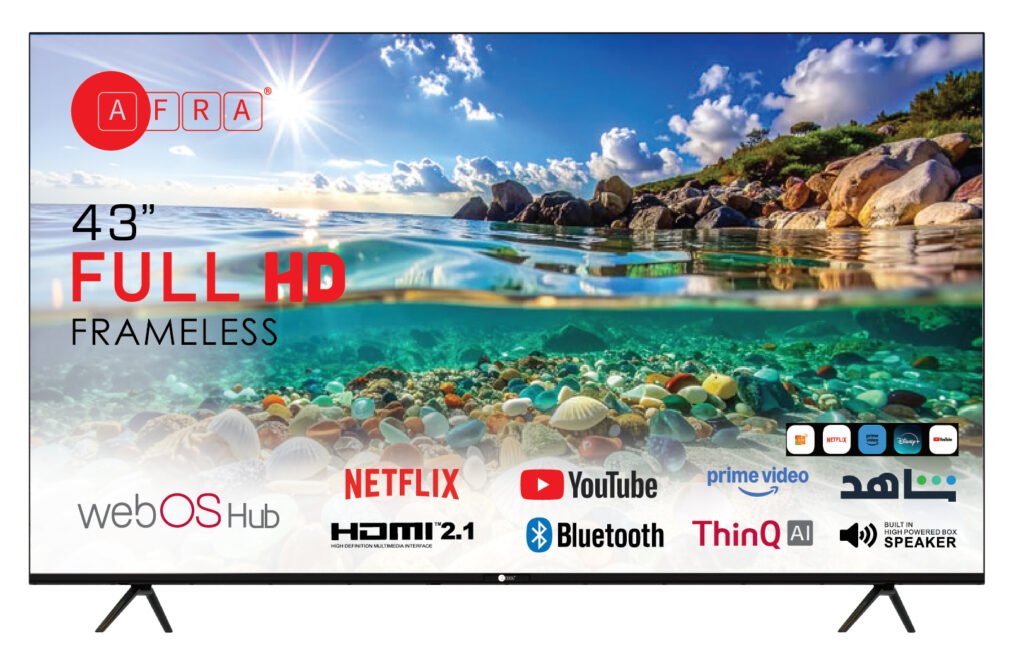 AFRA 43 Inch Full HD Frameless Smart LED TV with webOS Hub, A+ Grade DLED Panel, Netflix, YouTube, Prime Video, Bluetooth, Wi-Fi, HDMI, USB, Dolby Audio, 1 Year Warranty, Black, Model AF-43FHDWOS