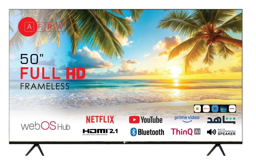 AFRA 50 Inch Ultra HD 4K Frameless Smart LED TV with webOS Hub, A+ Grade DLED Panel, Netflix, YouTube, Prime Video, Bluetooth, Wi-Fi, HDMI, USB, Dolby Audio, 1 Year Warranty, Black, Model AF-50UHDWOS
