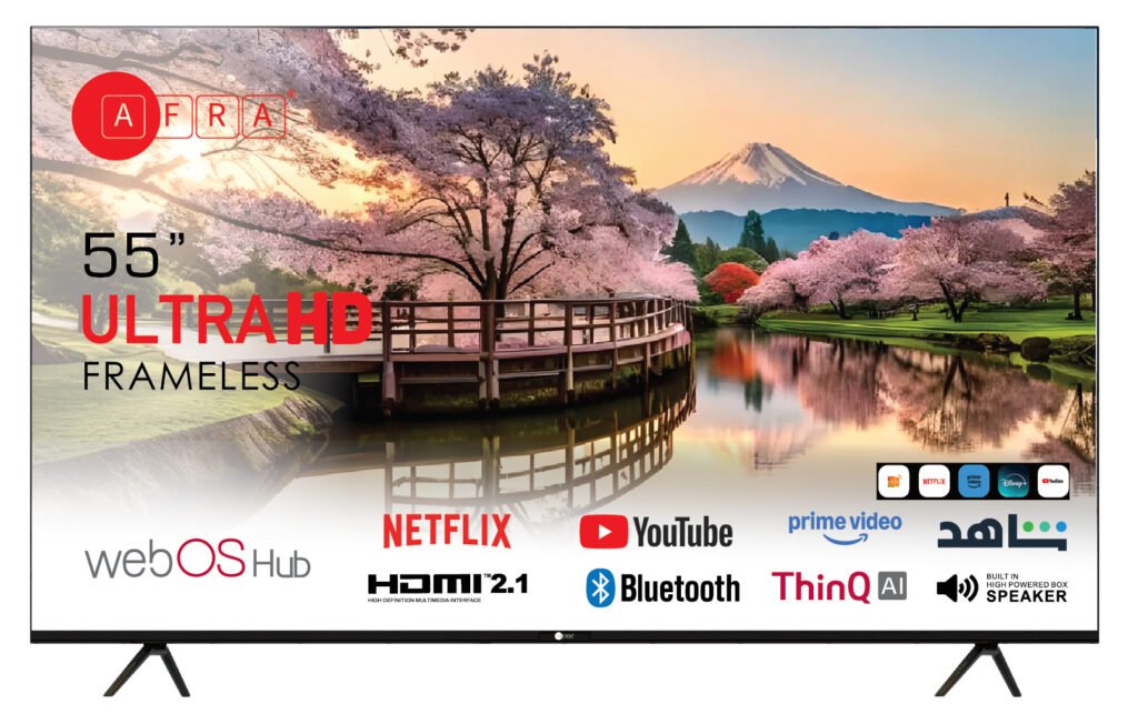 AFRA 55 Inch Ultra HD 4K Frameless Smart LED TV with webOS Hub, A+ Grade DLED Panel, Netflix, YouTube, Prime Video, Bluetooth, Wi-Fi, HDMI, USB, Dolby Audio, 1 Year Warranty, Black, Model AF-55UHDWOS