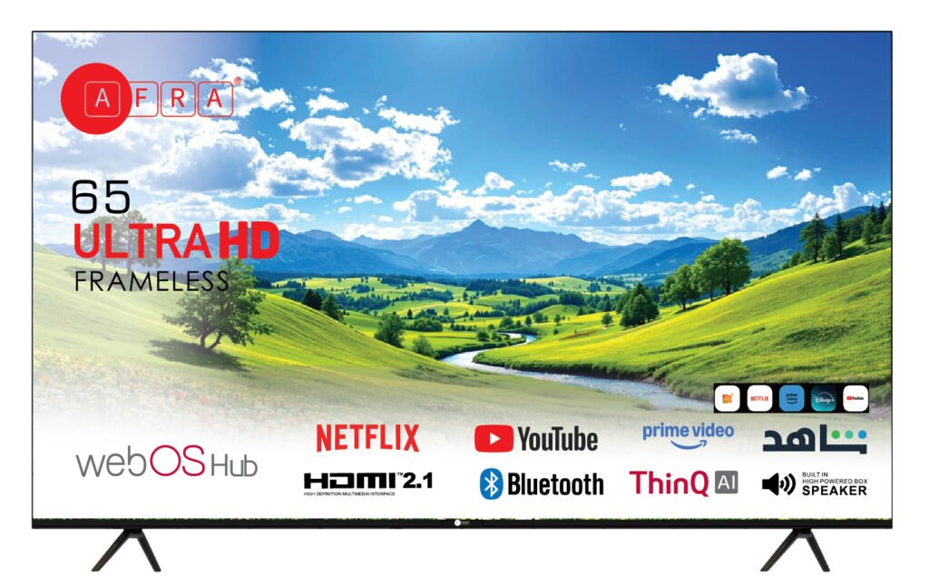 AFRA 65 Inch Ultra HD 4K Frameless Smart LED TV with webOS Hub, A+ Grade DLED Panel, Netflix, YouTube, Prime Video, Bluetooth, Wi-Fi, HDMI, USB, Dolby Audio, 1 Year Warranty, Black, Model AF-65UHDWOS
