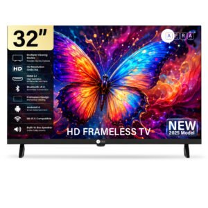 AFRA 32 Inch HD Frameless Smart LED TV, Android 14, Netflix, YouTube, Prime Video, Bluetooth, Wi-Fi, HDMI, USB, 1 Year Warranty, Black, Model AF-32STVHD