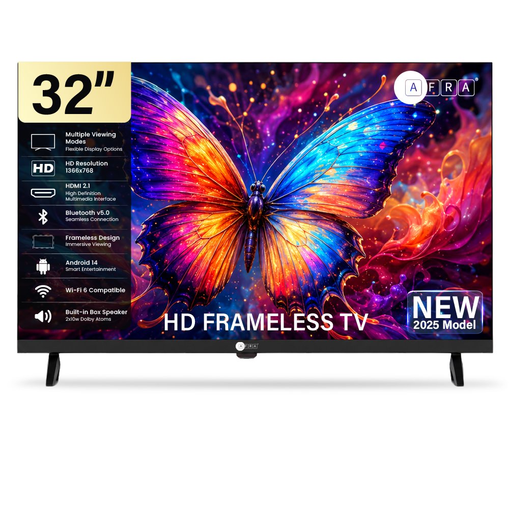 AFRA 32 Inch HD Frameless Smart LED TV, Android 14, Netflix, YouTube, Prime Video, Bluetooth, Wi-Fi, HDMI, USB, 1 Year Warranty, Black, Model AF-32STVHD