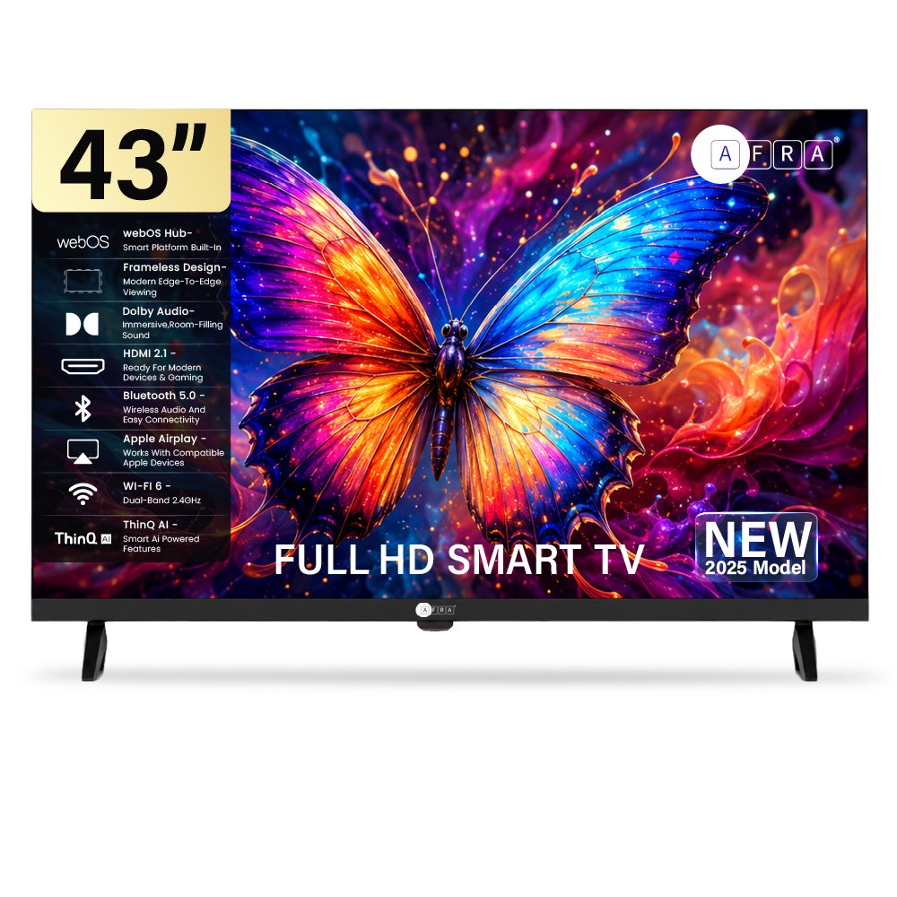 AFRA 43 Inch Full HD Frameless Smart LED TV with webOS Hub, A+ Grade DLED Panel, Netflix, YouTube, Prime Video, Bluetooth, Wi-Fi, HDMI, USB, Dolby Audio, 1 Year Warranty, Black, Model AF-43FHDWOS
