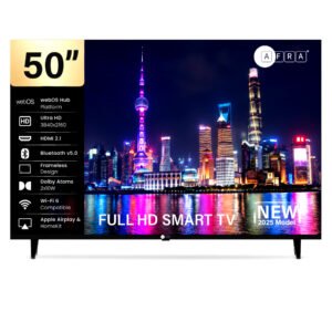 AFRA 50 Inch Ultra HD 4K Frameless Smart LED TV with webOS Hub, A+ Grade DLED Panel, Netflix, YouTube, Prime Video, Bluetooth, Wi-Fi, HDMI, USB, Dolby Audio, 1 Year Warranty, Black, Model AF-50UHDWOS