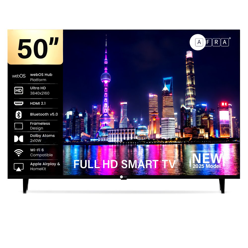 AFRA 50 Inch Ultra HD 4K Frameless Smart LED TV with webOS Hub, A+ Grade DLED Panel, Netflix, YouTube, Prime Video, Bluetooth, Wi-Fi, HDMI, USB, Dolby Audio, 1 Year Warranty, Black, Model AF-50UHDWOS