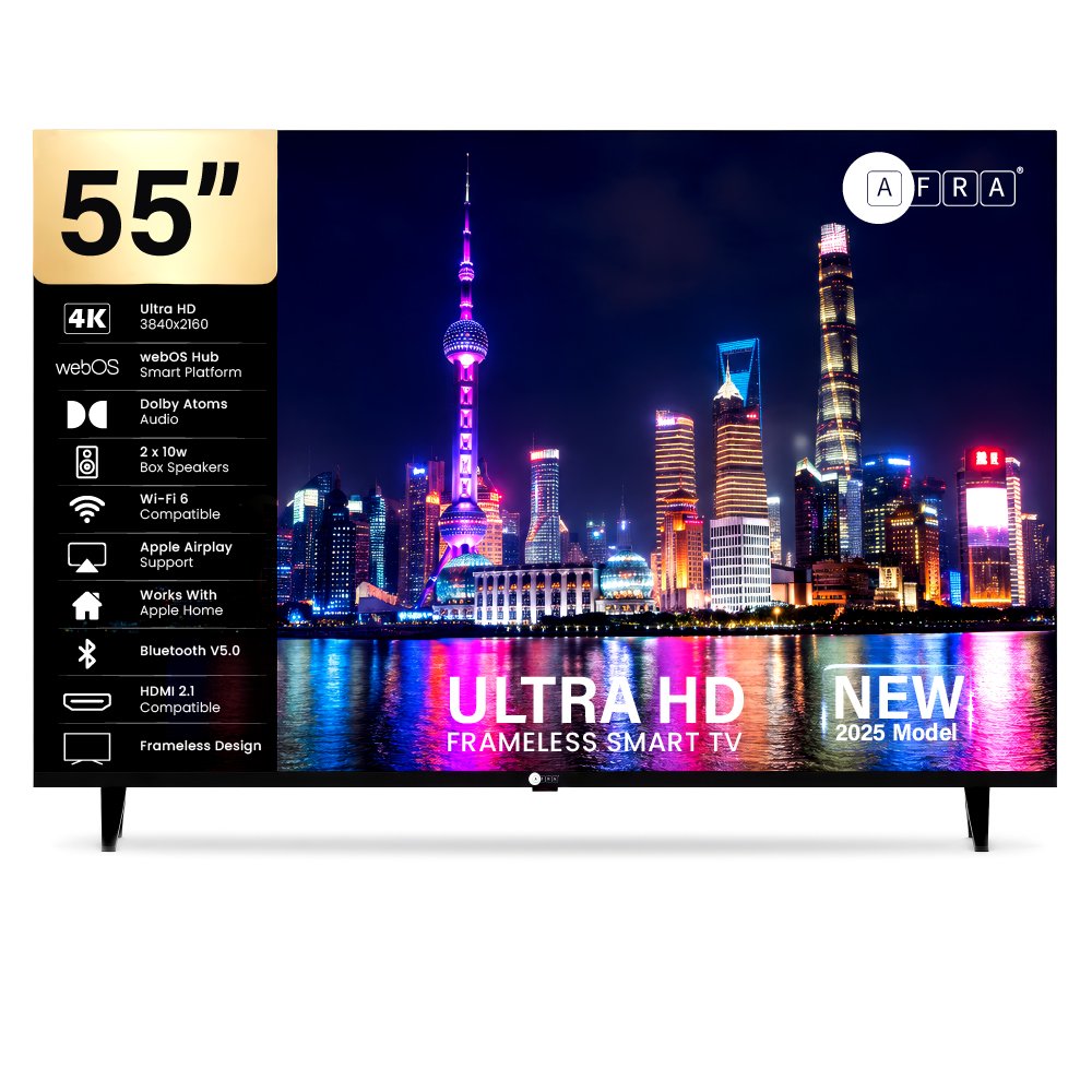 AFRA 55 Inch Ultra HD 4K Frameless Smart LED TV with webOS Hub, A+ Grade DLED Panel, Netflix, YouTube, Prime Video, Bluetooth, Wi-Fi, HDMI, USB, Dolby Audio, 1 Year Warranty, Black, Model AF-55UHDWOS