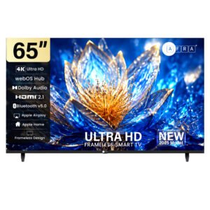 AFRA 65 Inch Ultra HD 4K Frameless Smart LED TV with webOS Hub, A+ Grade DLED Panel, Netflix, YouTube, Prime Video, Bluetooth, Wi-Fi, HDMI, USB, Dolby Audio, 1 Year Warranty, Black, Model AF-65UHDWOS
