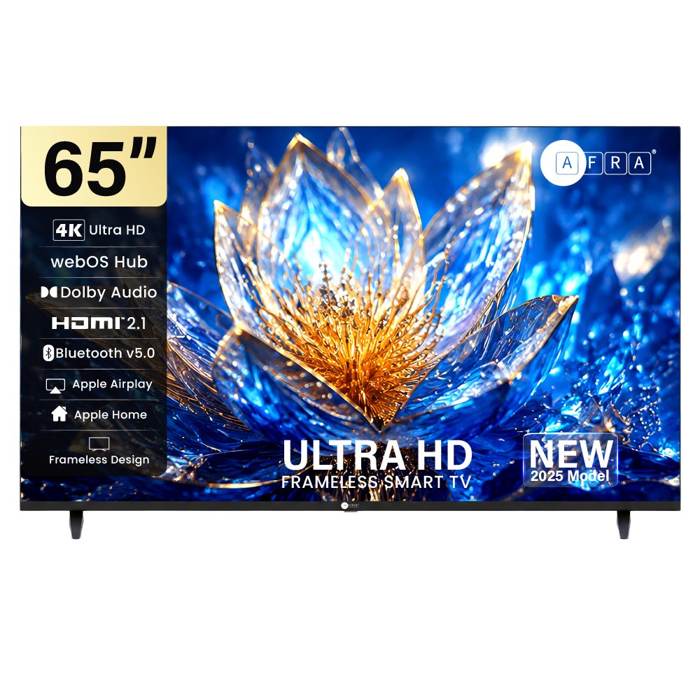 AFRA 65 Inch Ultra HD 4K Frameless Smart LED TV with webOS Hub, A+ Grade DLED Panel, Netflix, YouTube, Prime Video, Bluetooth, Wi-Fi, HDMI, USB, Dolby Audio, 1 Year Warranty, Black, Model AF-65UHDWOS